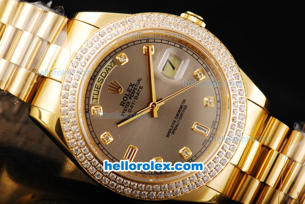 Rolex Day-Date II Automatic Movement Full Gold with Double Row Diamond Bezel-Grey Dial and Diamond Markers - Click Image to Close